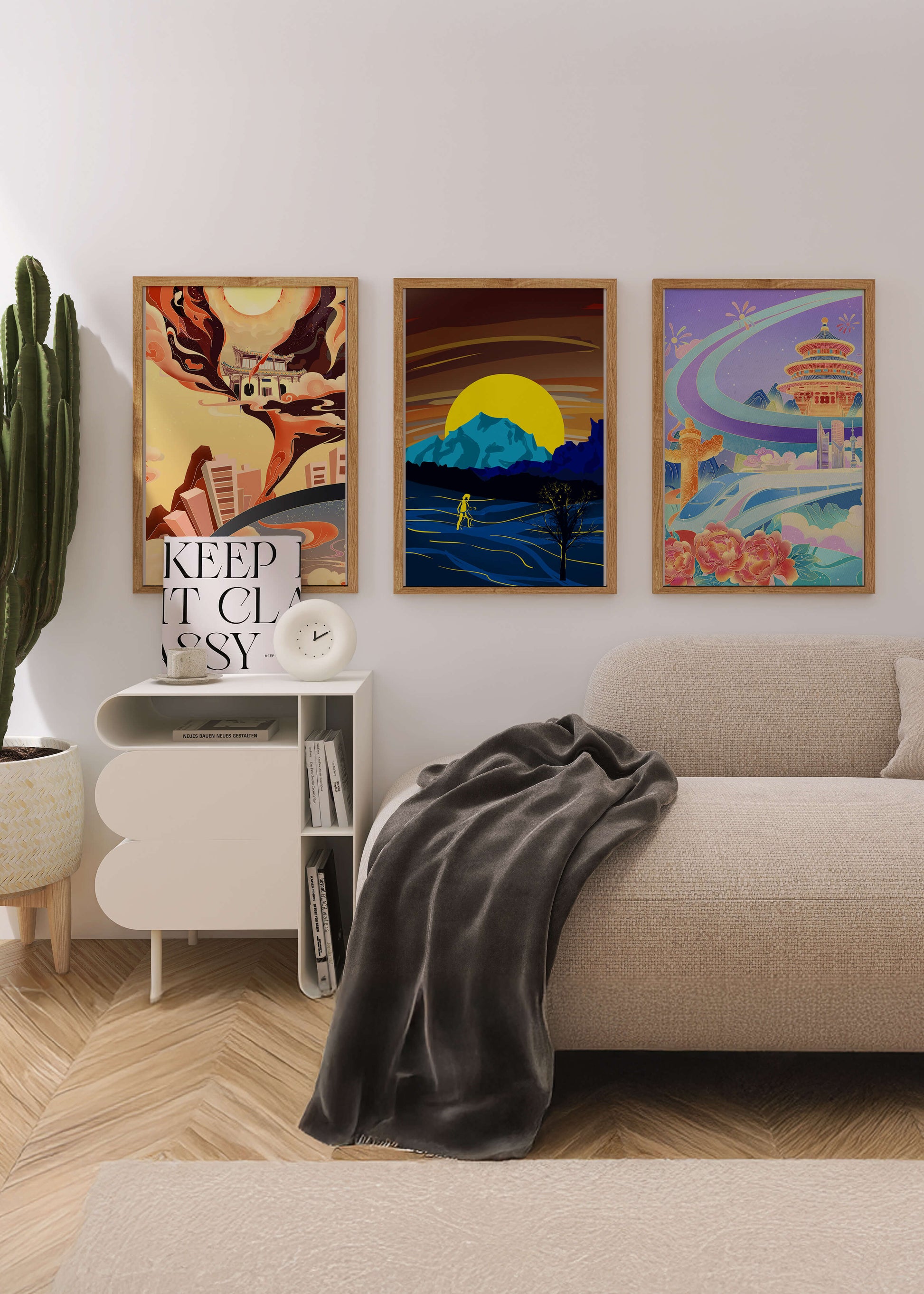 Set aus abstrakter Kunst mit Landschaften und modernem Design