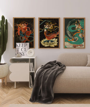 Ensemble d’affiches de style asiatique avec motifs floraux et dorés