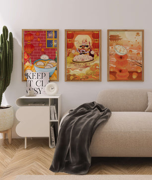 Illustrationen orientalischer Medien mit Festtagsmotiven und Kaninchen