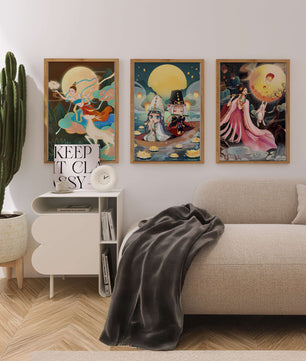 Peintures fantastiques avec lune pleine et personnages mythologiques