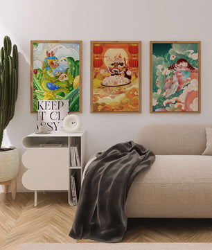 Tableaux pour enfants au style animé avec des personnages et des dragons