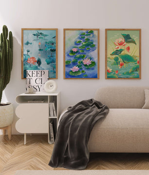 Triptyque d'aquarelles de fleurs de lotus au design moderne