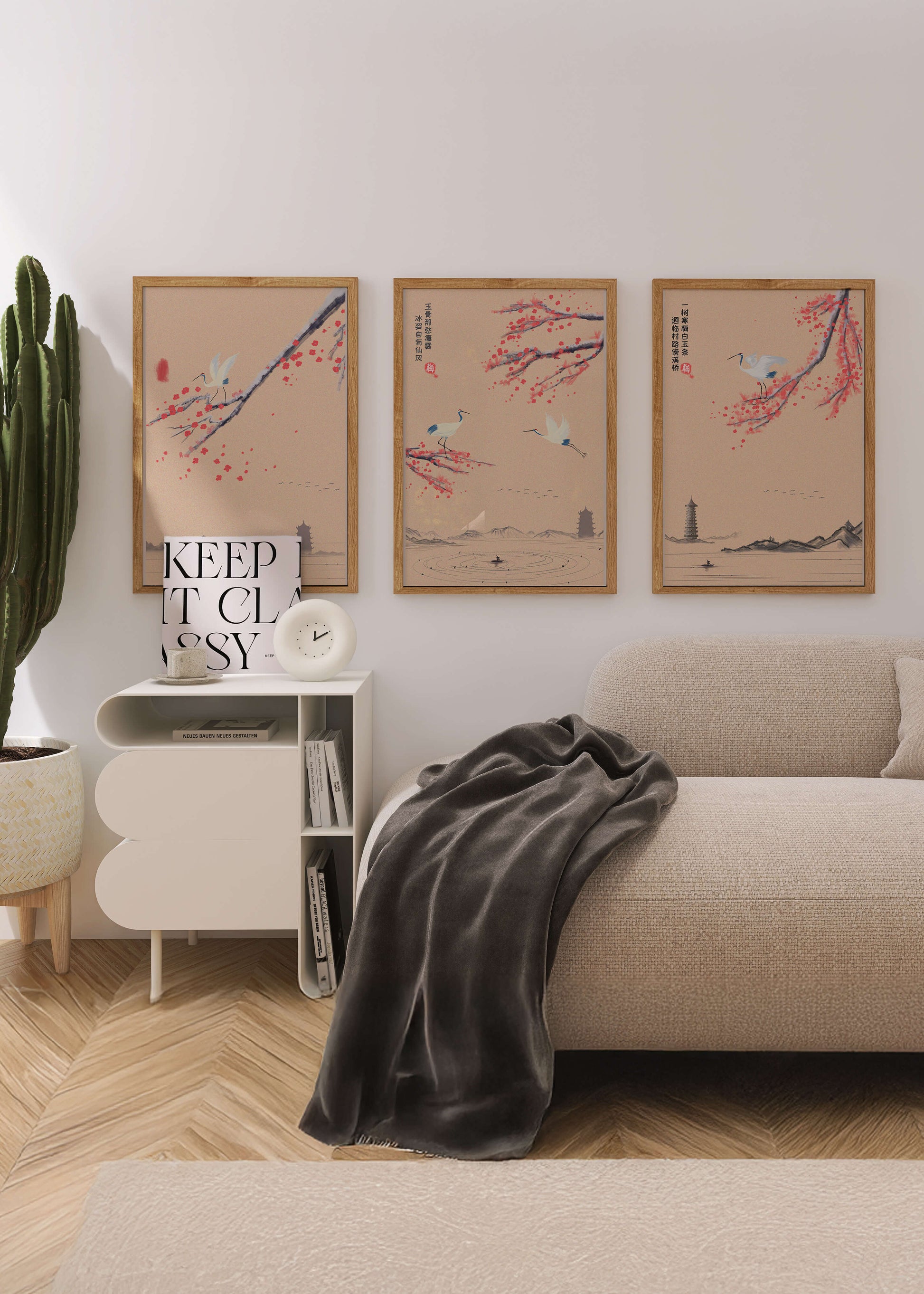 Conjunto De Arte Oriental Con Grullas Y Flores De Cerezo