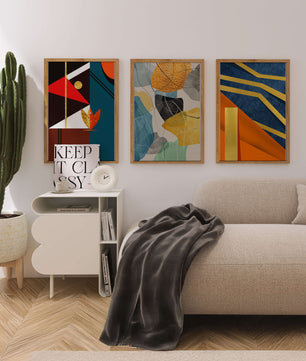 Conjunto De Tres Obras De Arte Geométrico Con Elementos Dorados Y Colores Vivos