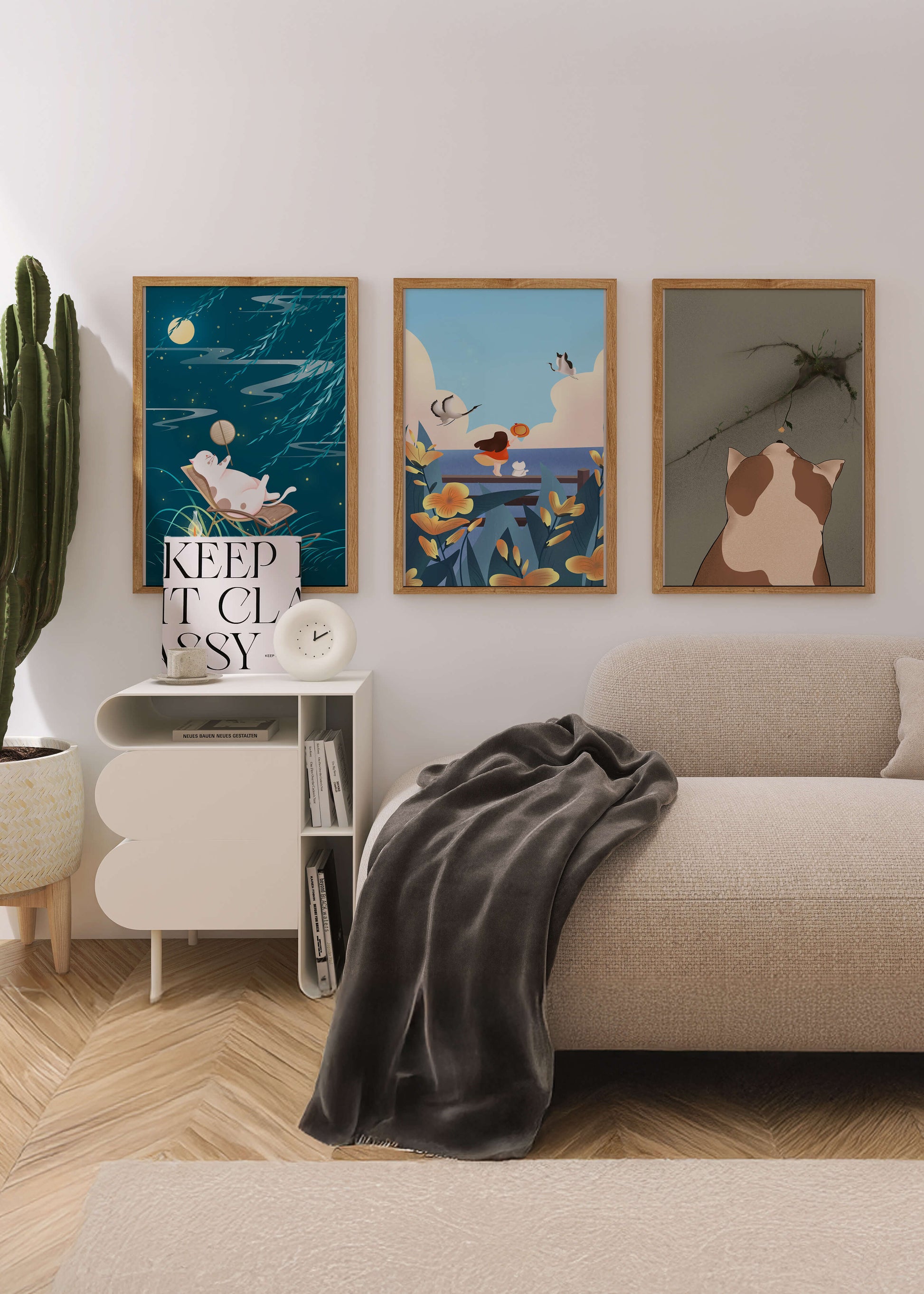 Tríptico de Arte con Animales y Paisajes Ilustrados