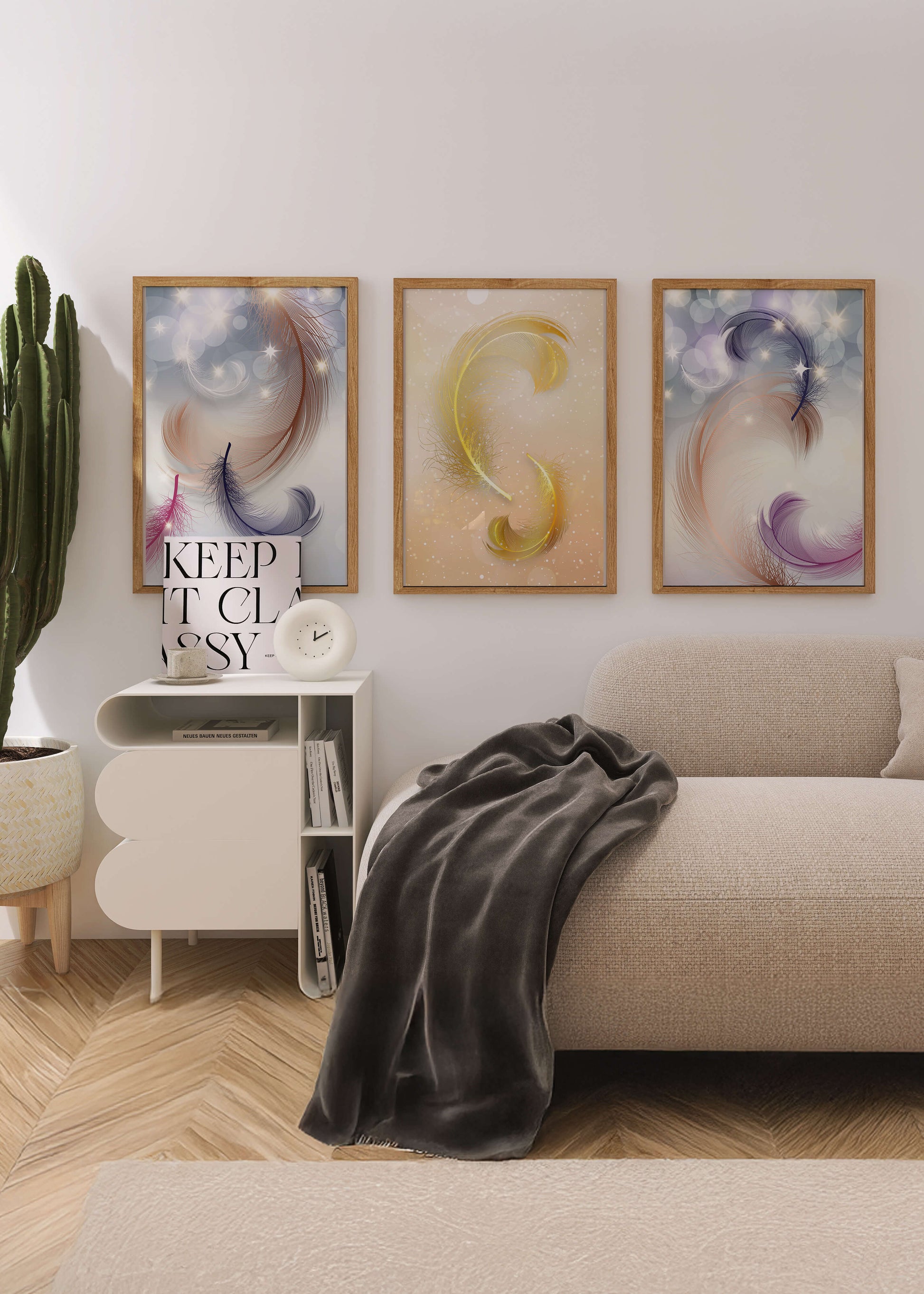 Art abstrait avec des plumes dans des tons pastel