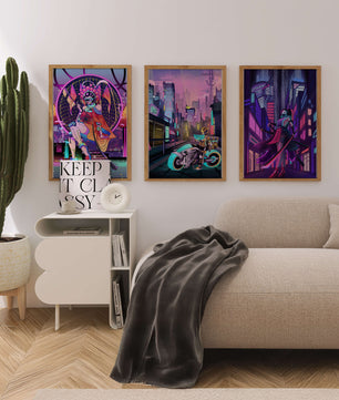 Triptyque de style cyberpunk avec des personnages en art numérique