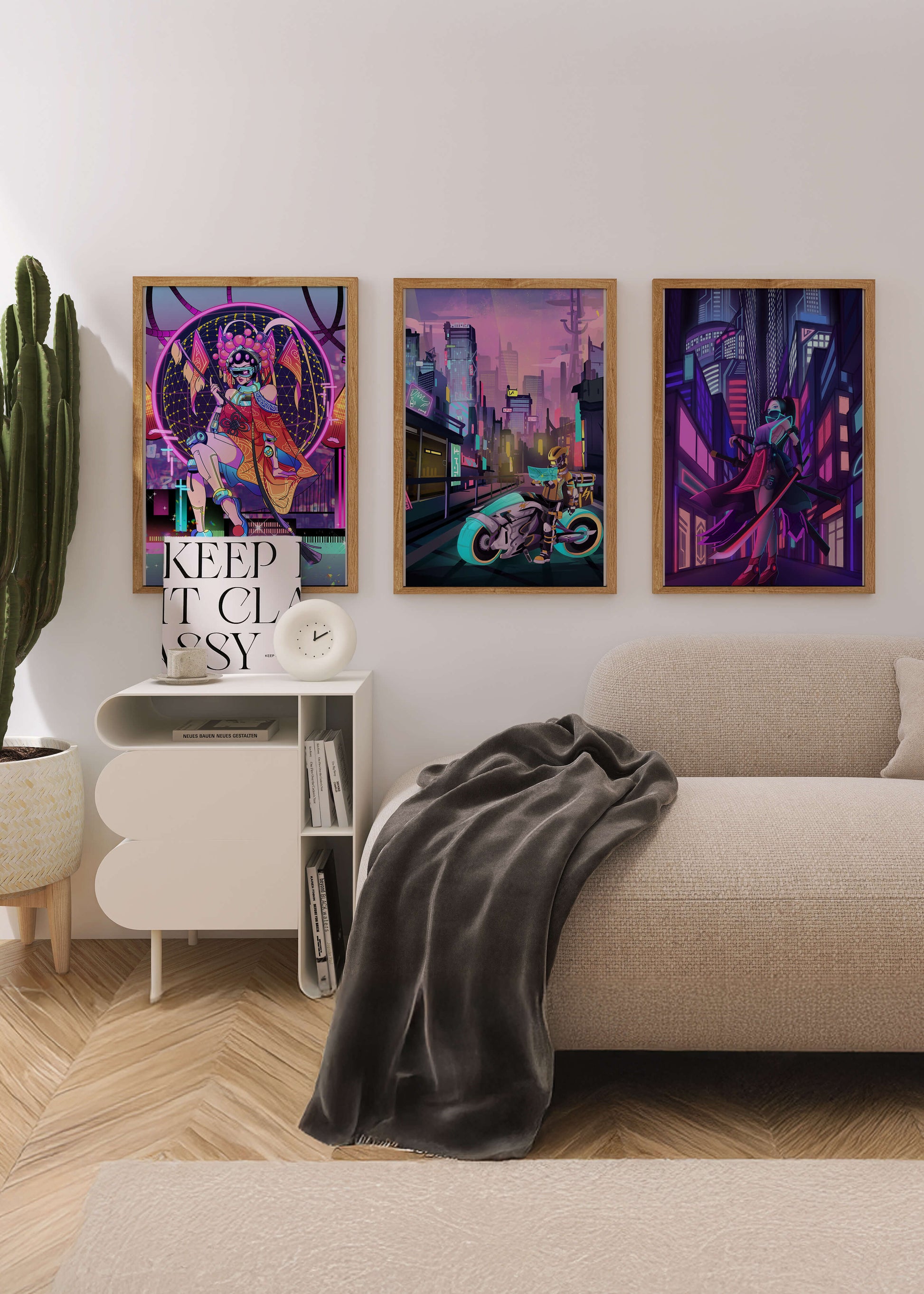 Triptyque de style cyberpunk avec des personnages en art numérique