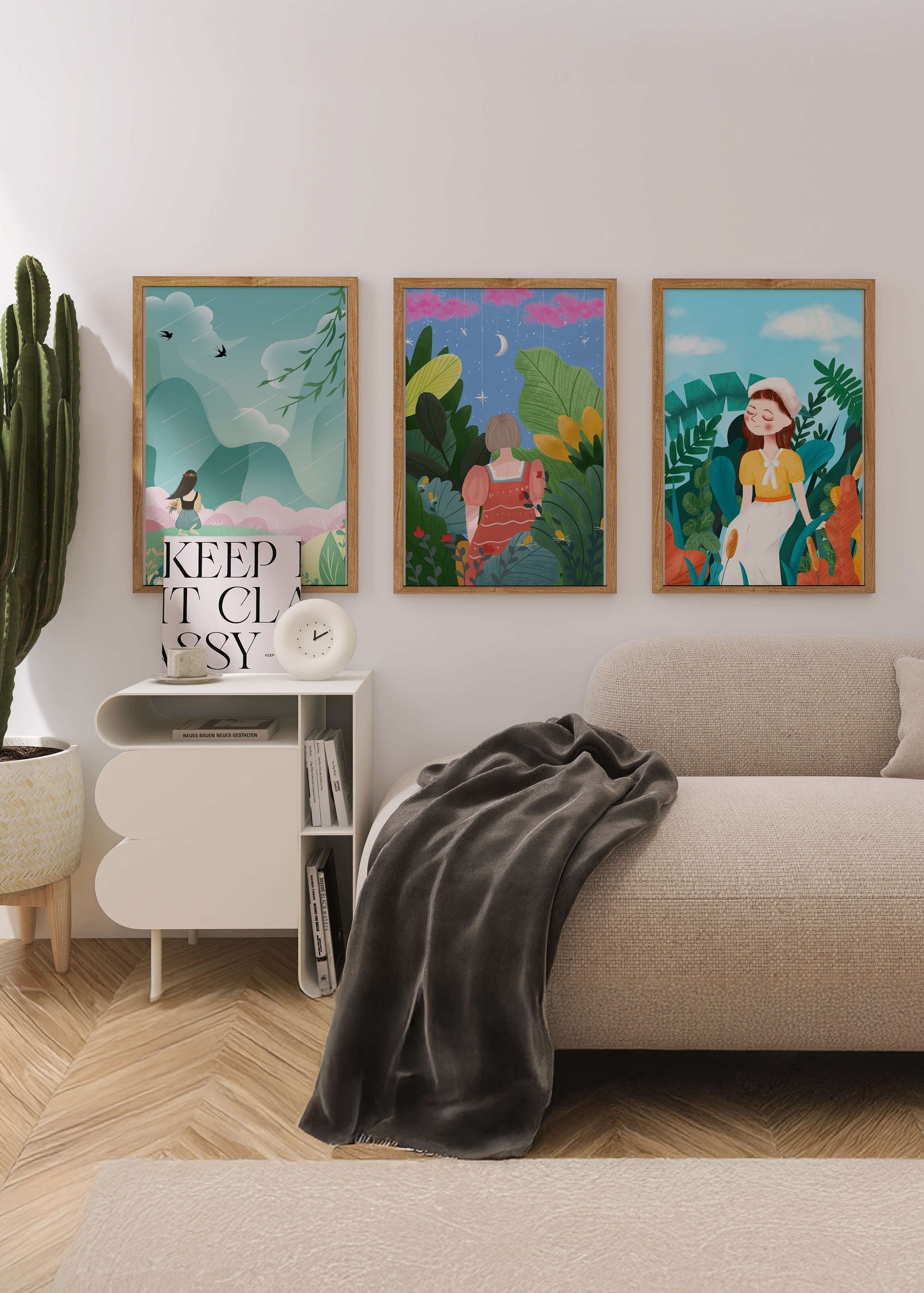 Conjunto De Tres Obras De Arte Coloridas Con Paisajes Naturales Y Figuras Humanas