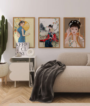 Art numérique avec motifs asiatiques et illustrations de femmes