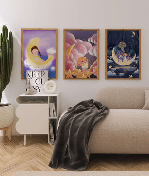 Triptyque d’art pour enfants sur le thème de la lune et des étoiles
