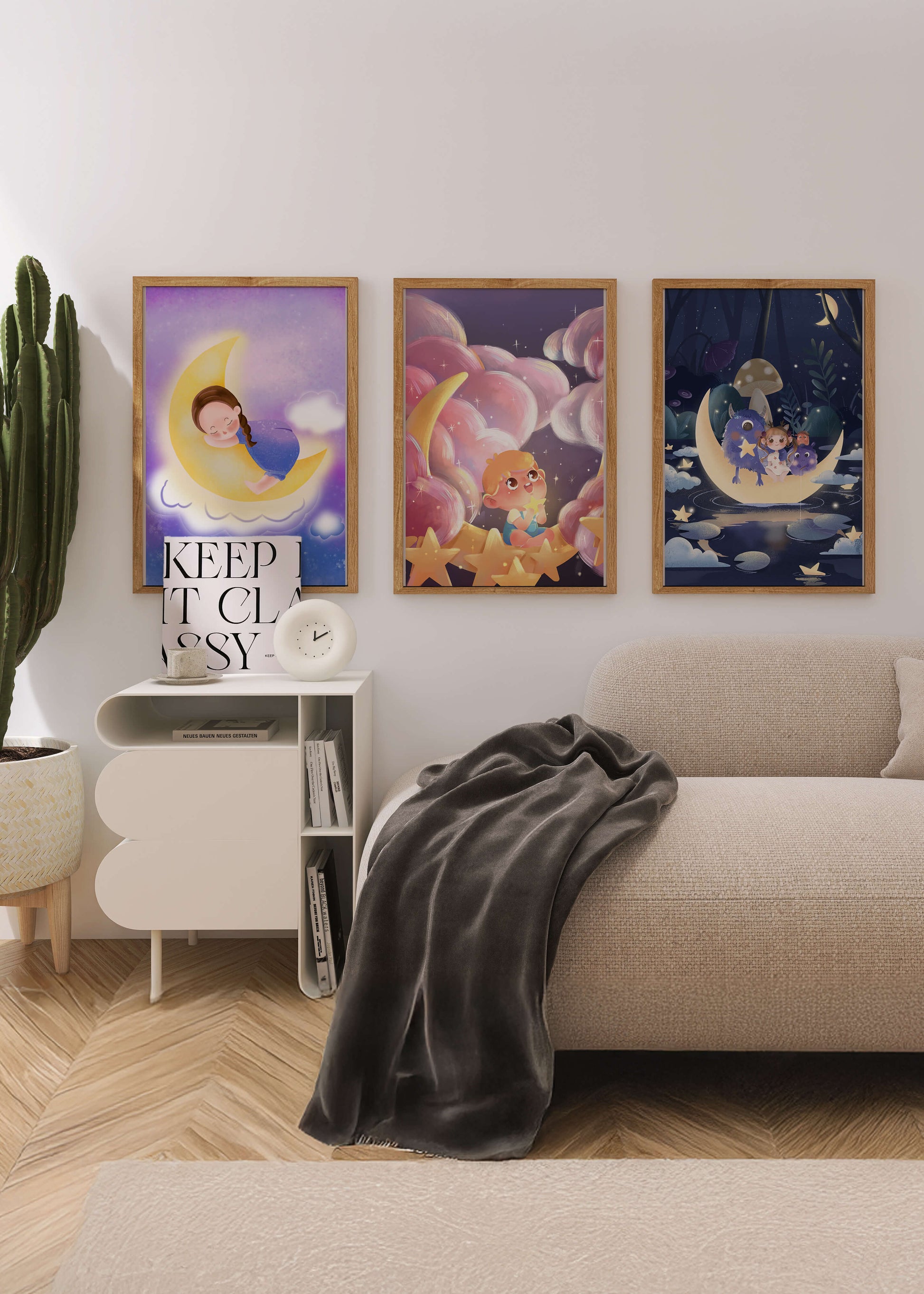 Tríptico de Arte Infantil con Temática de Luna y Estrellas