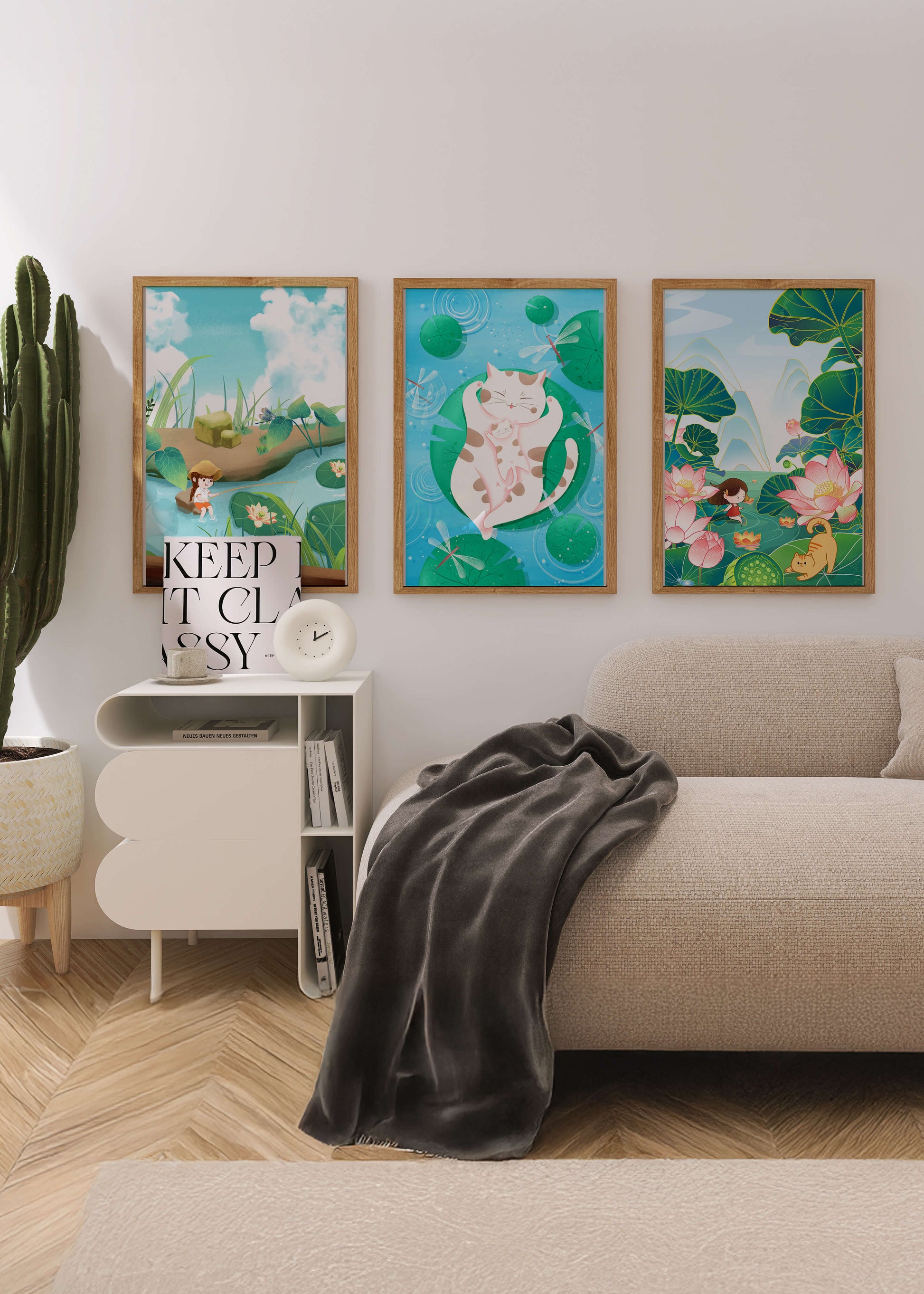 Ensemble d'illustrations artistiques pour enfants avec des chats et la nature