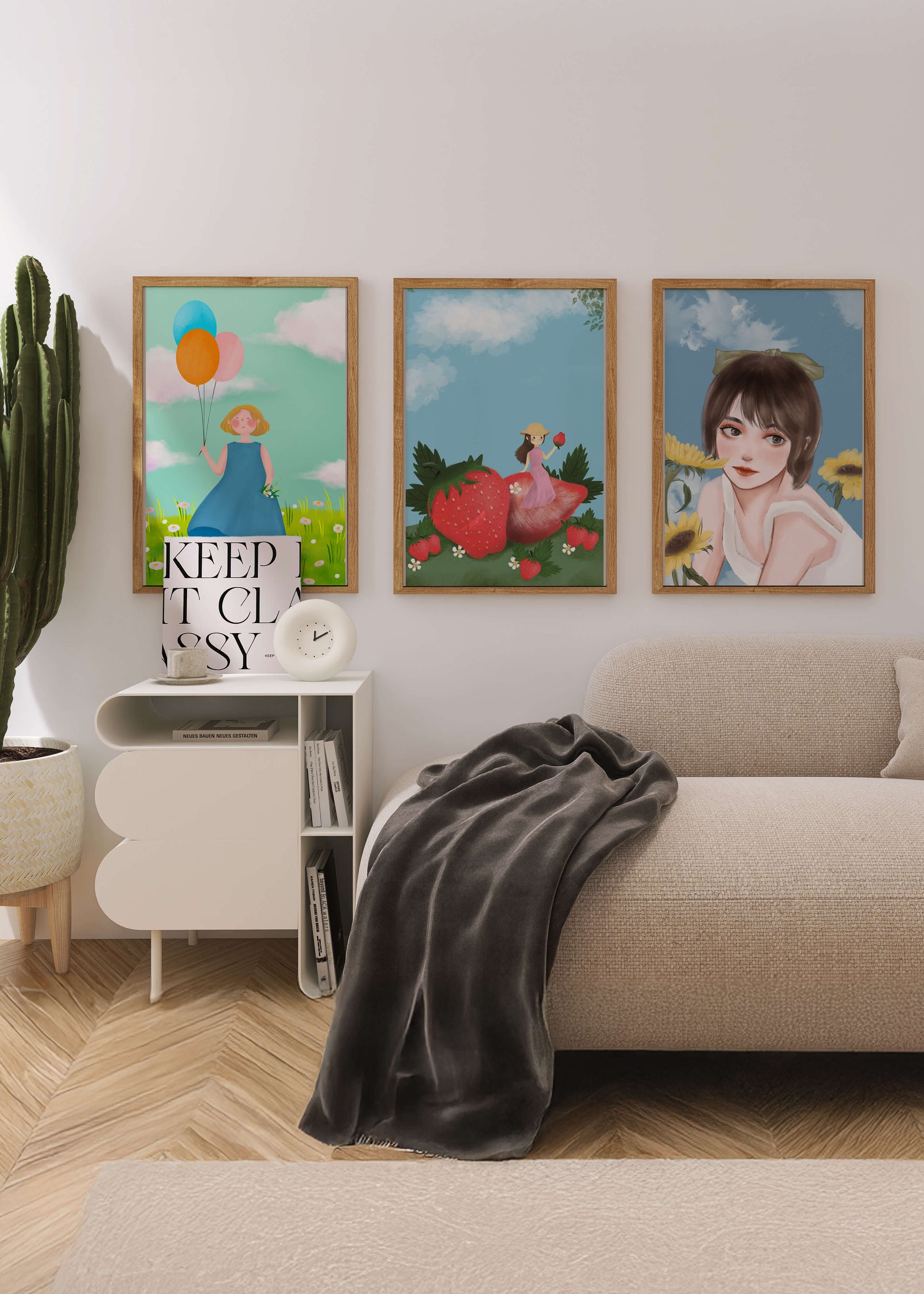 Tríptico de Ilustraciones en Marcos de Madera