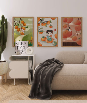 Illustrations de fruits avec des filles sur un fond en bois