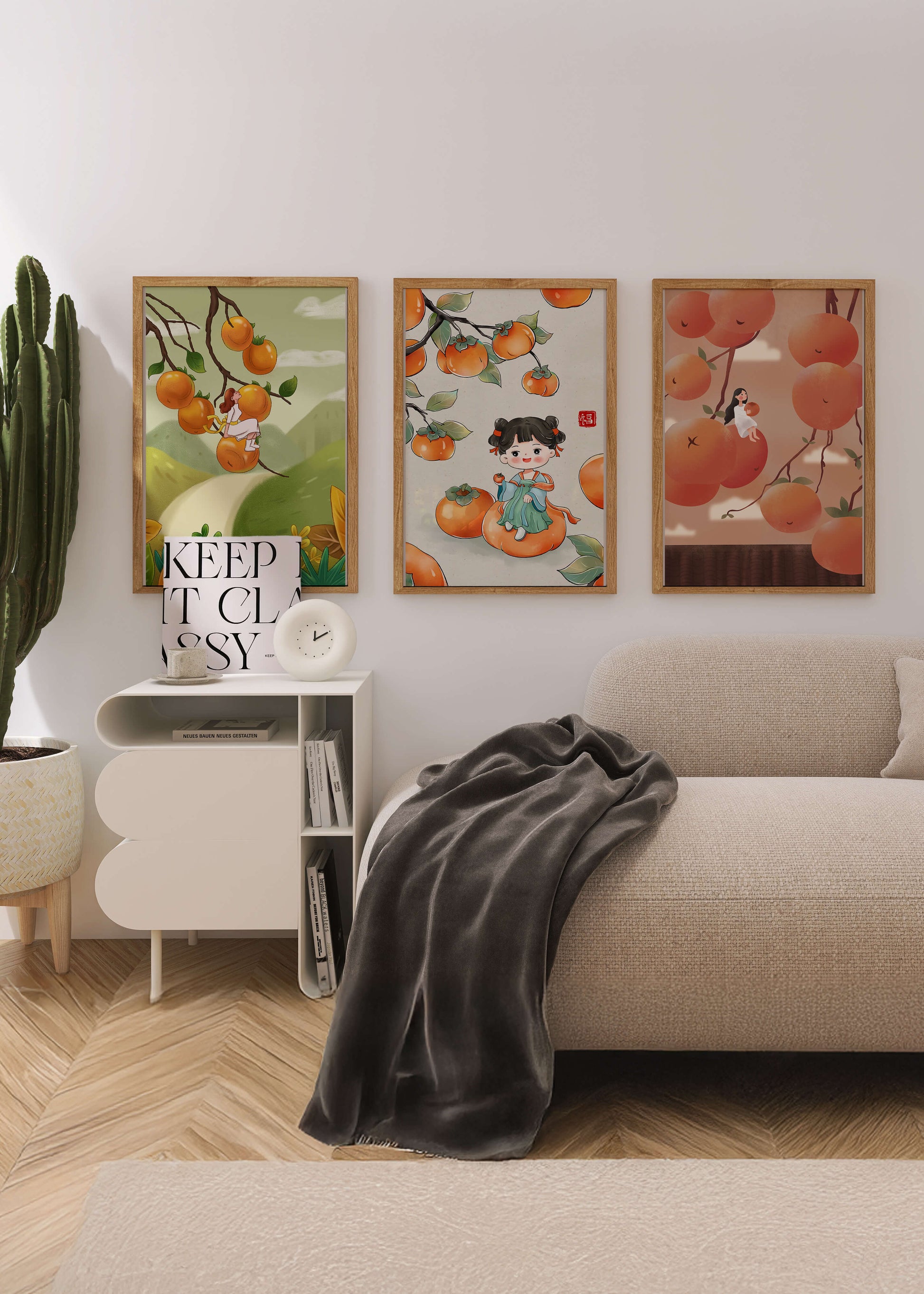 Illustrations de fruits avec des filles sur un fond en bois