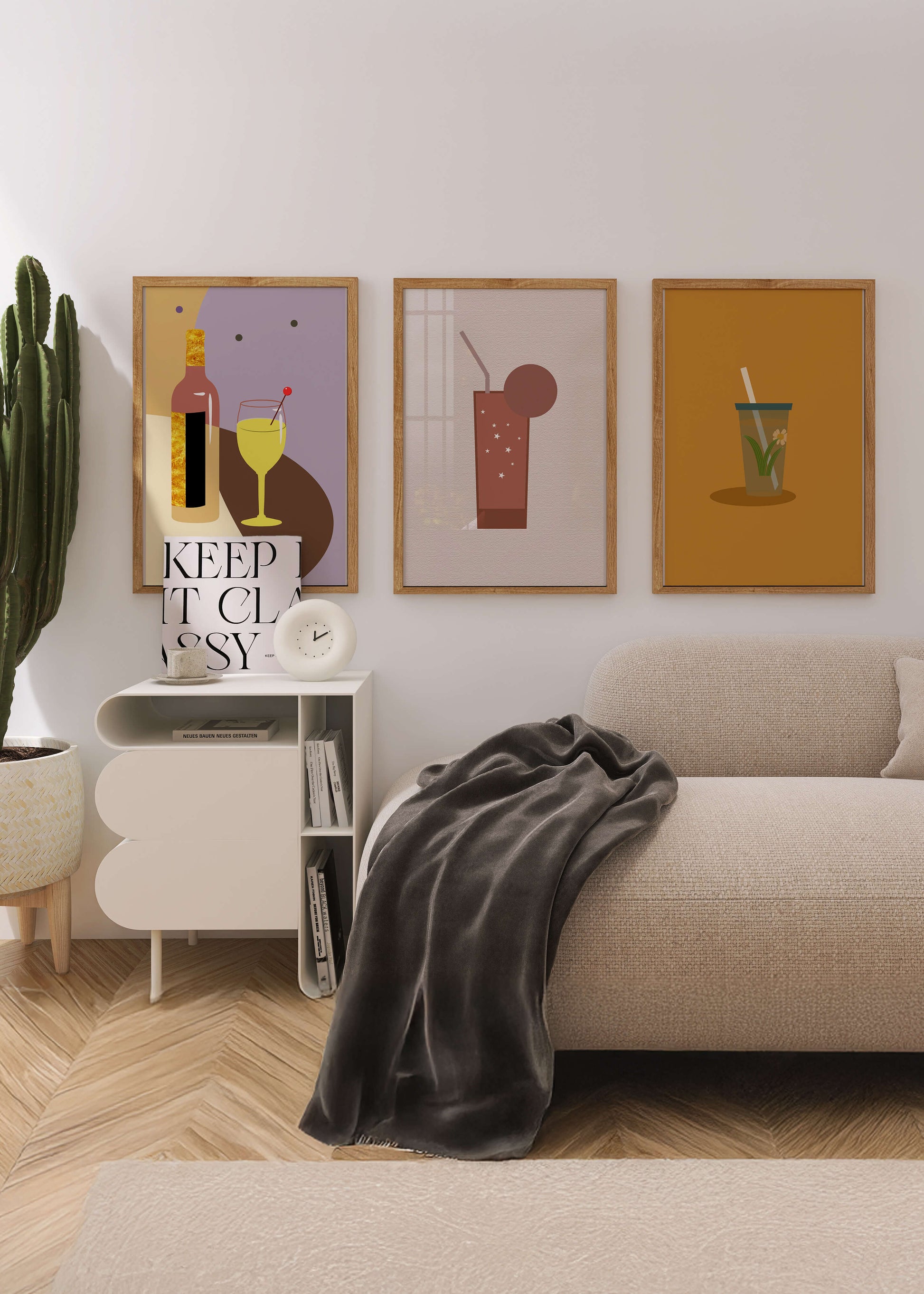 Illustrations minimalistes de boissons dans des cadres en bois