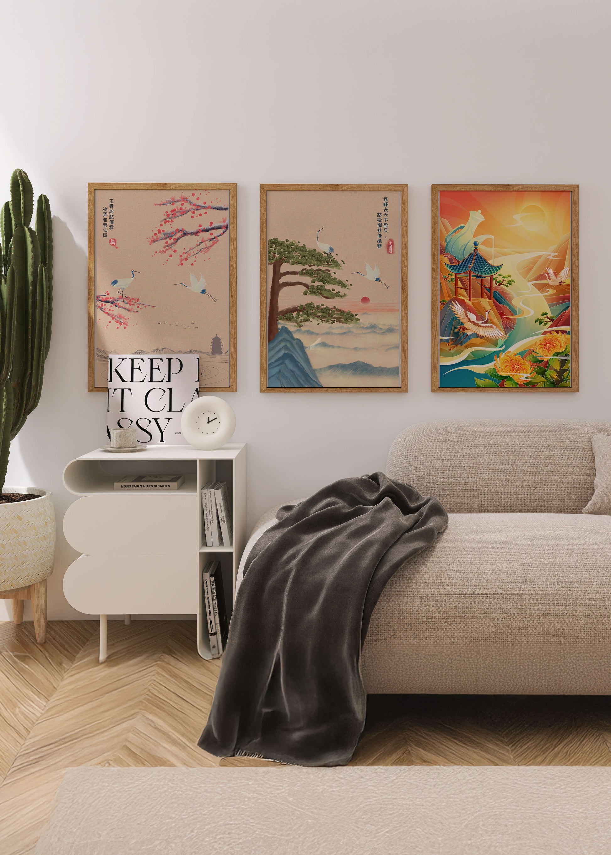 Images de paysages orientaux avec des grues et des dragons