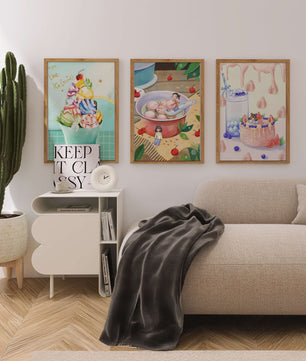 Triptyque coloré d’art culinaire pour enfants sur mur