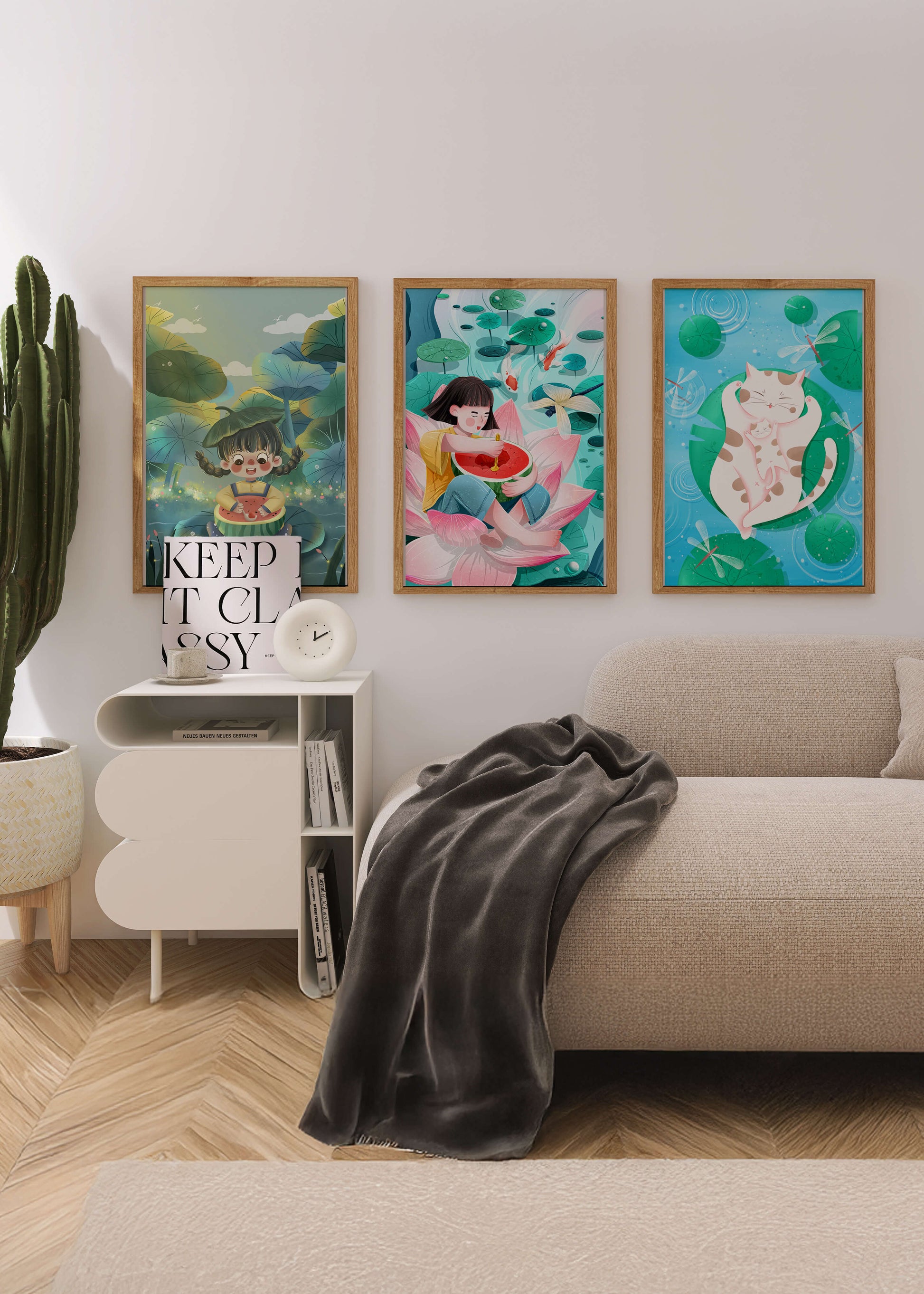 Illustrations colorées avec chat et enfants dans un paysage naturel