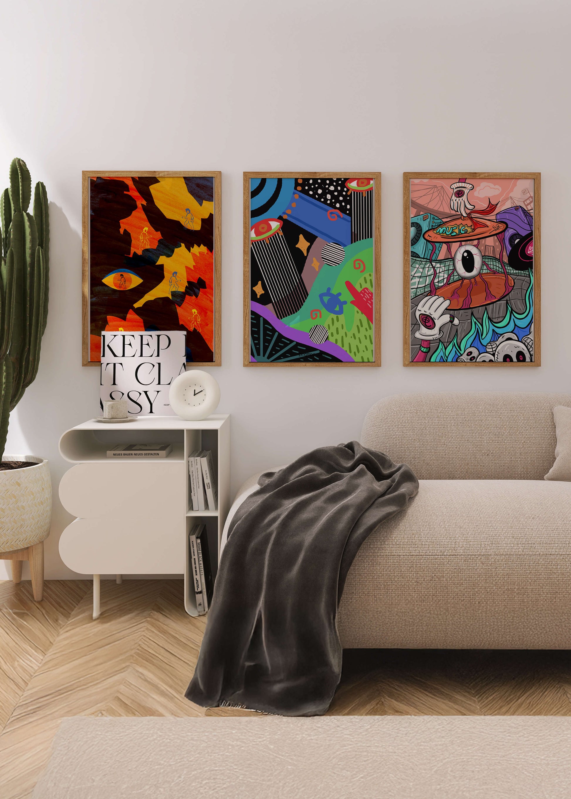 Tríptico de Arte Contemporáneo sin Marco con Estilo Pop y Abstracto
