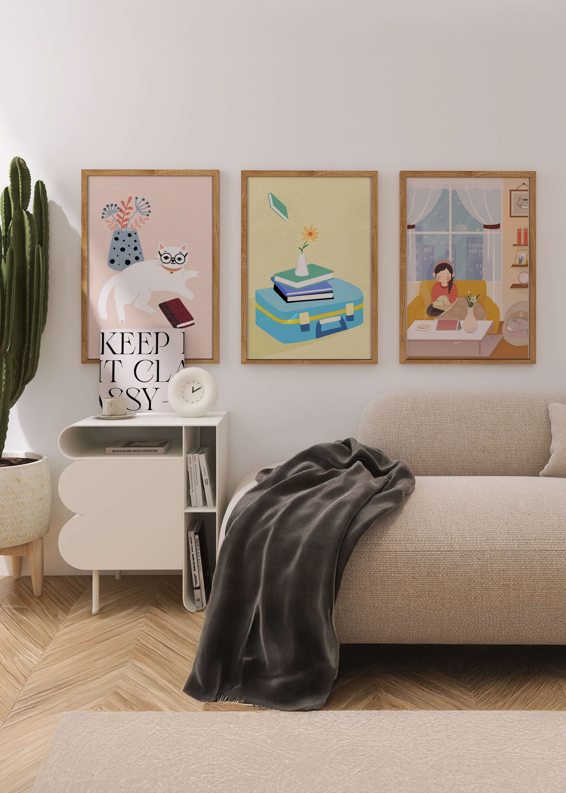 Triptyque moderne avec illustrations d’intérieurs et d’animaux