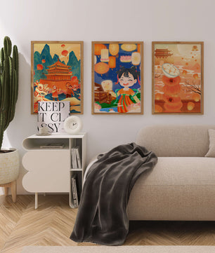 Triptyque d'art asiatique sur le thème des lanternes et de la culture traditionnelle