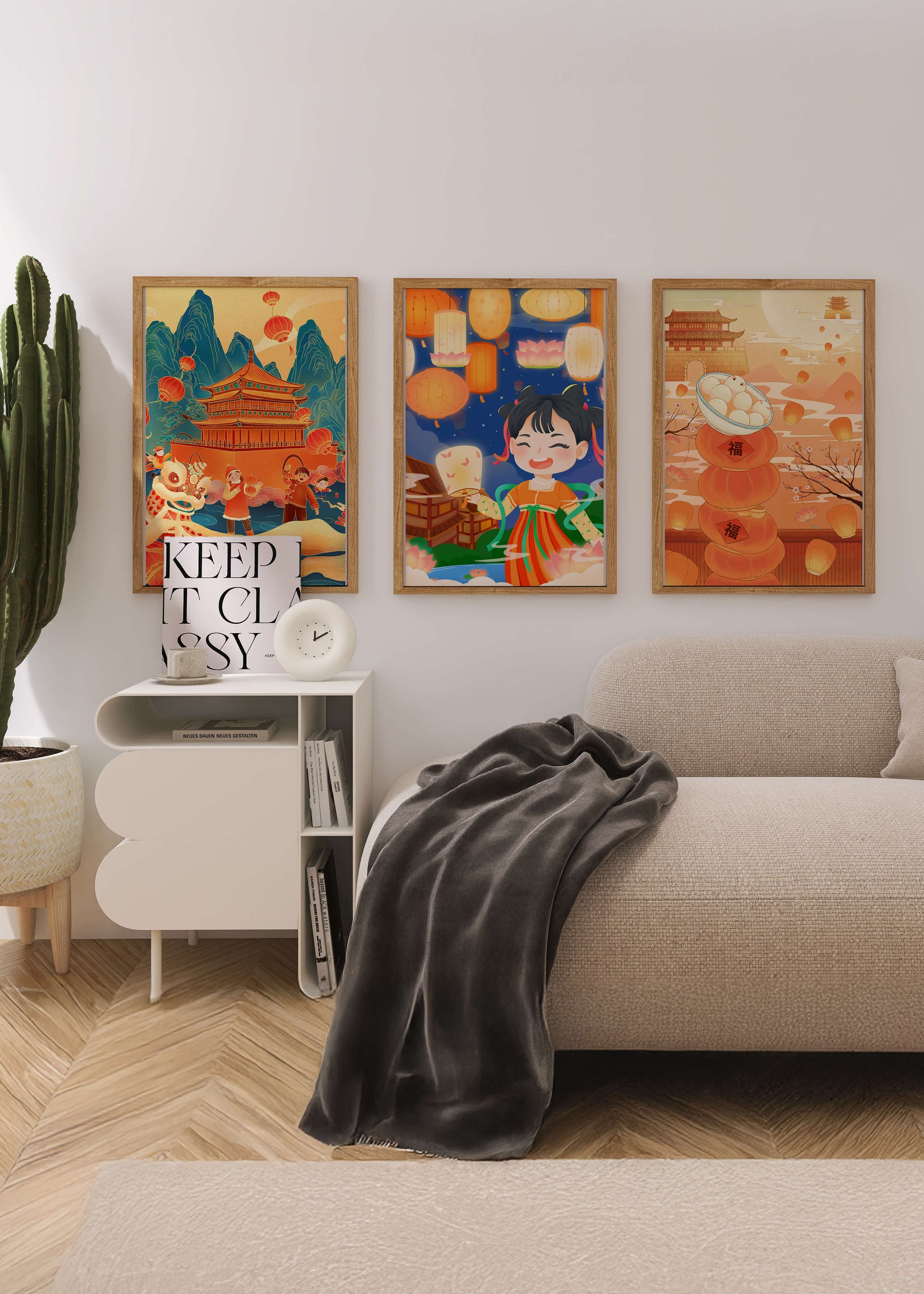Triptyque d'art asiatique sur le thème des lanternes et de la culture traditionnelle
