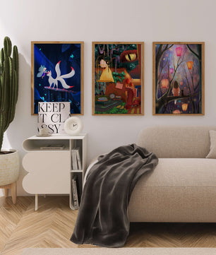 Triptyque d’art fantastique avec des illustrations colorées et oniriques