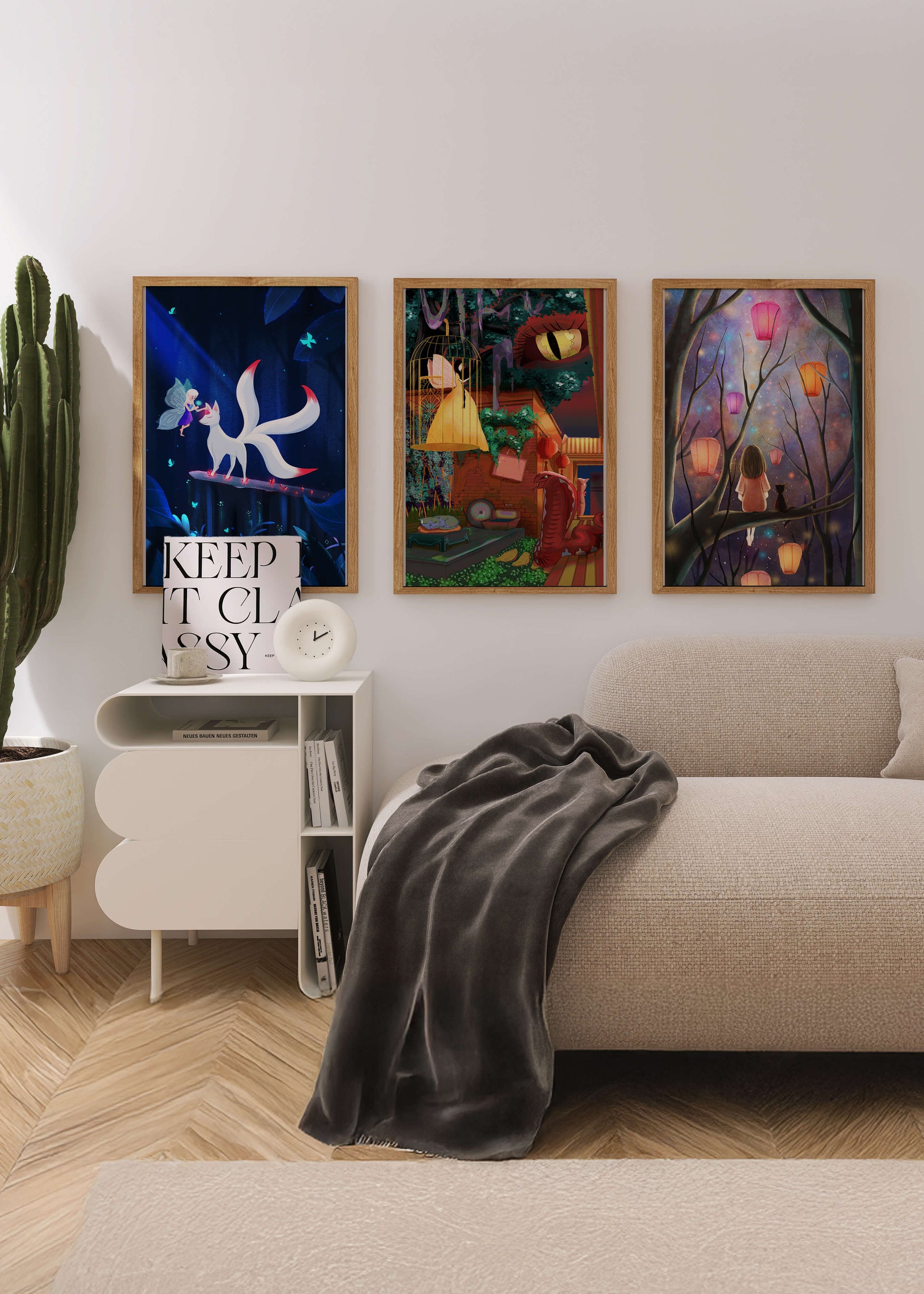 Triptyque d’art fantastique avec des illustrations colorées et oniriques