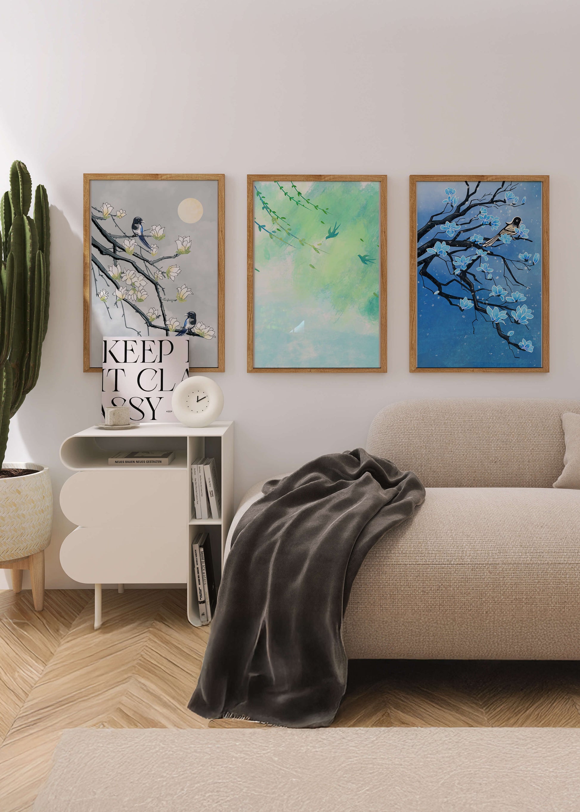 Tríptico Floral con Pájaros en Colores Suaves