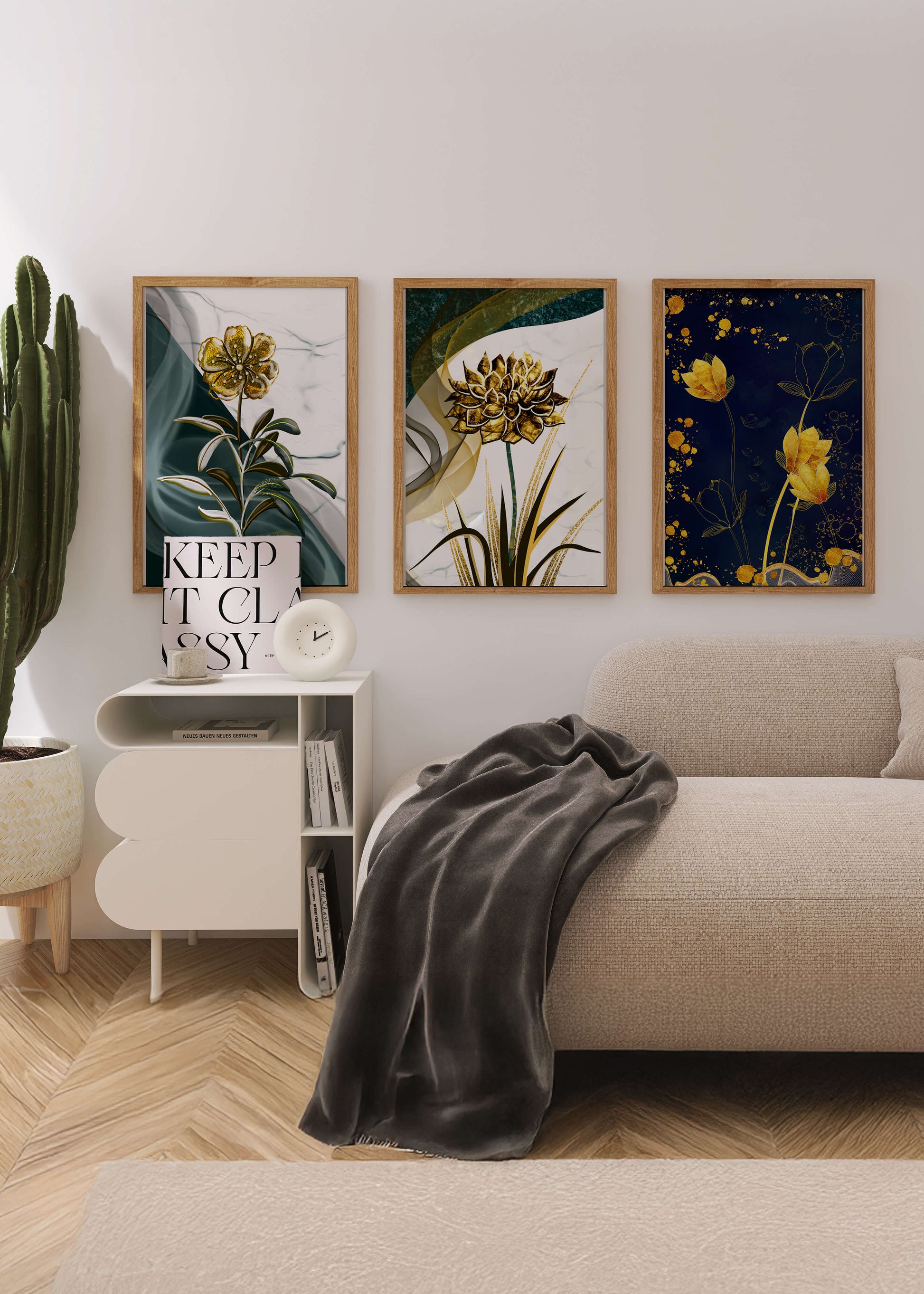 Decoración de Pared con Flores Doradas sobre Fondos Artísticos