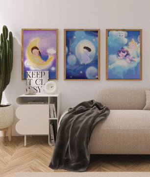 Images enfantines de rêves en couleurs pastel avec lune et nuages