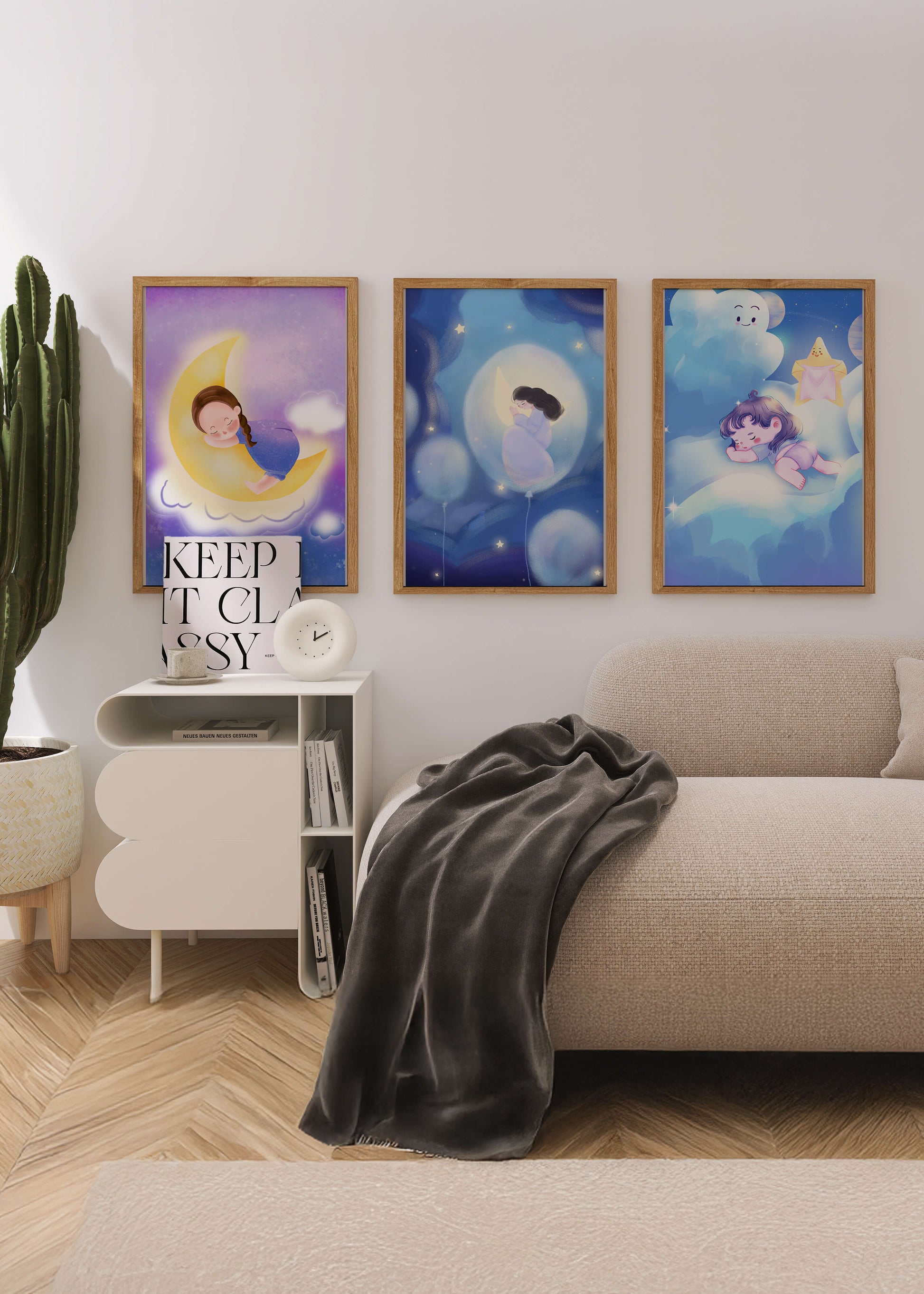 Images enfantines de rêves en couleurs pastel avec lune et nuages