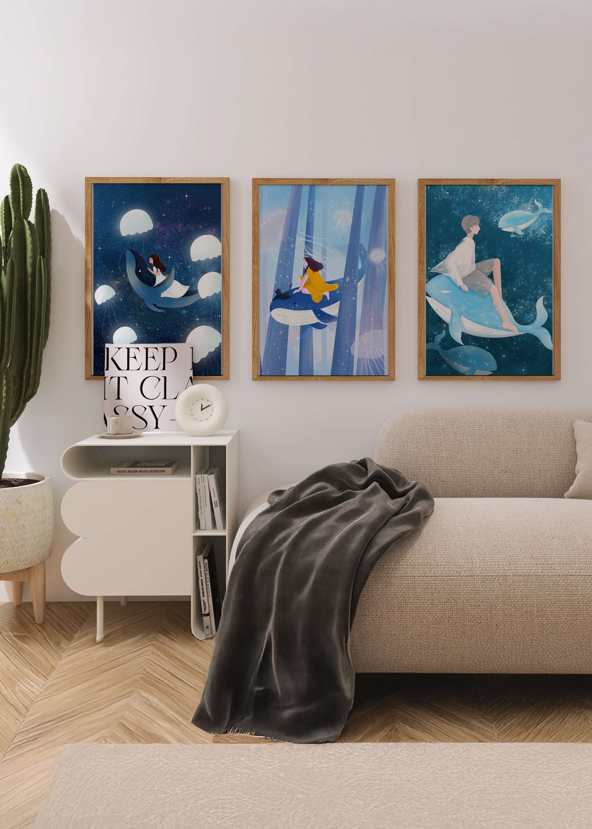 Ensemble d'illustrations de baleines volantes et de figures humaines dans un environnement cosmique