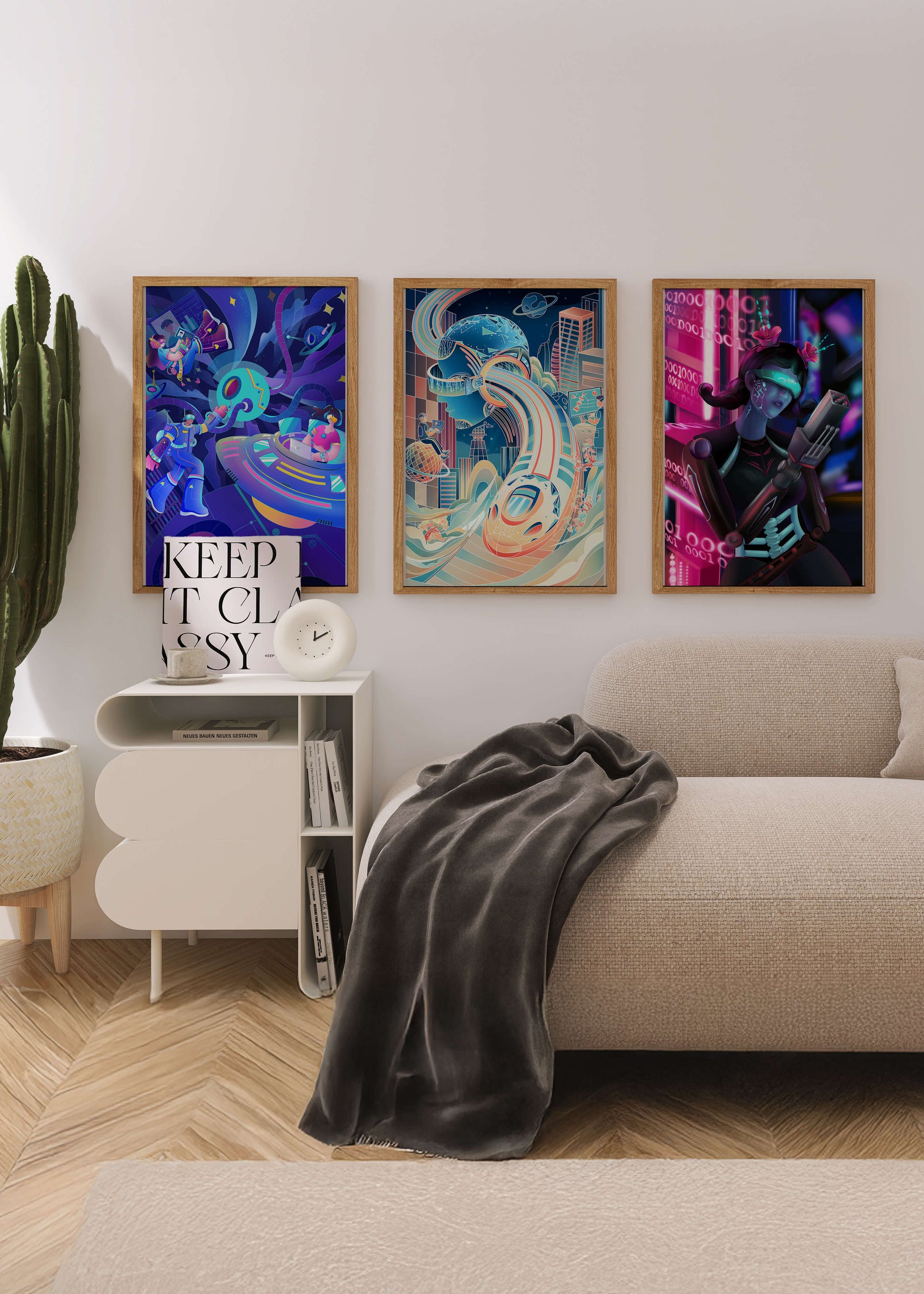 Set aus drei futuristischen Kunstdrucken in modernem Umfeld