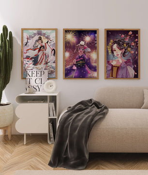Triptyque d’art anime avec estampes de personnages en kimono