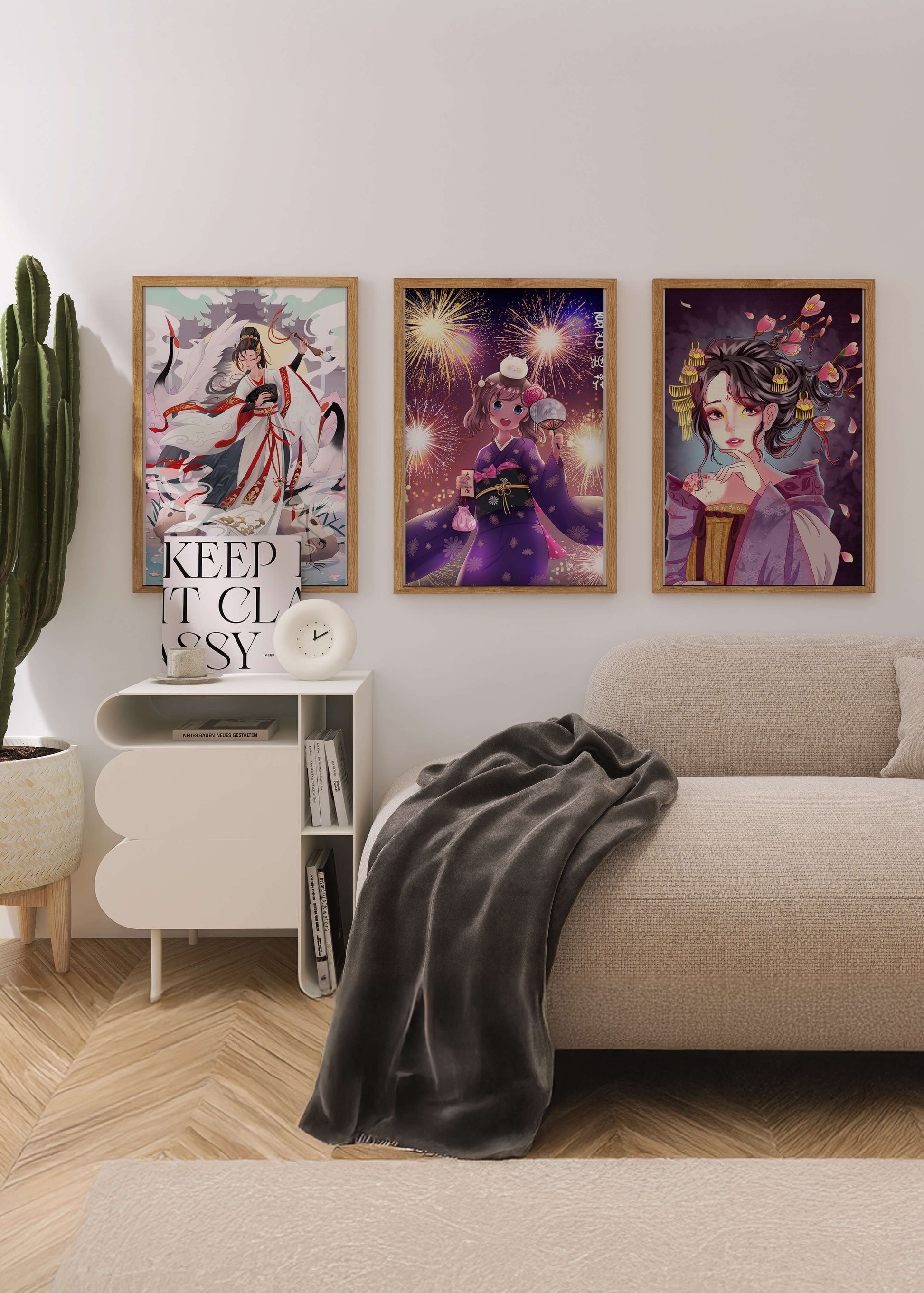 Tríptico de Arte Anime con Estampas de Personajes en Kimono