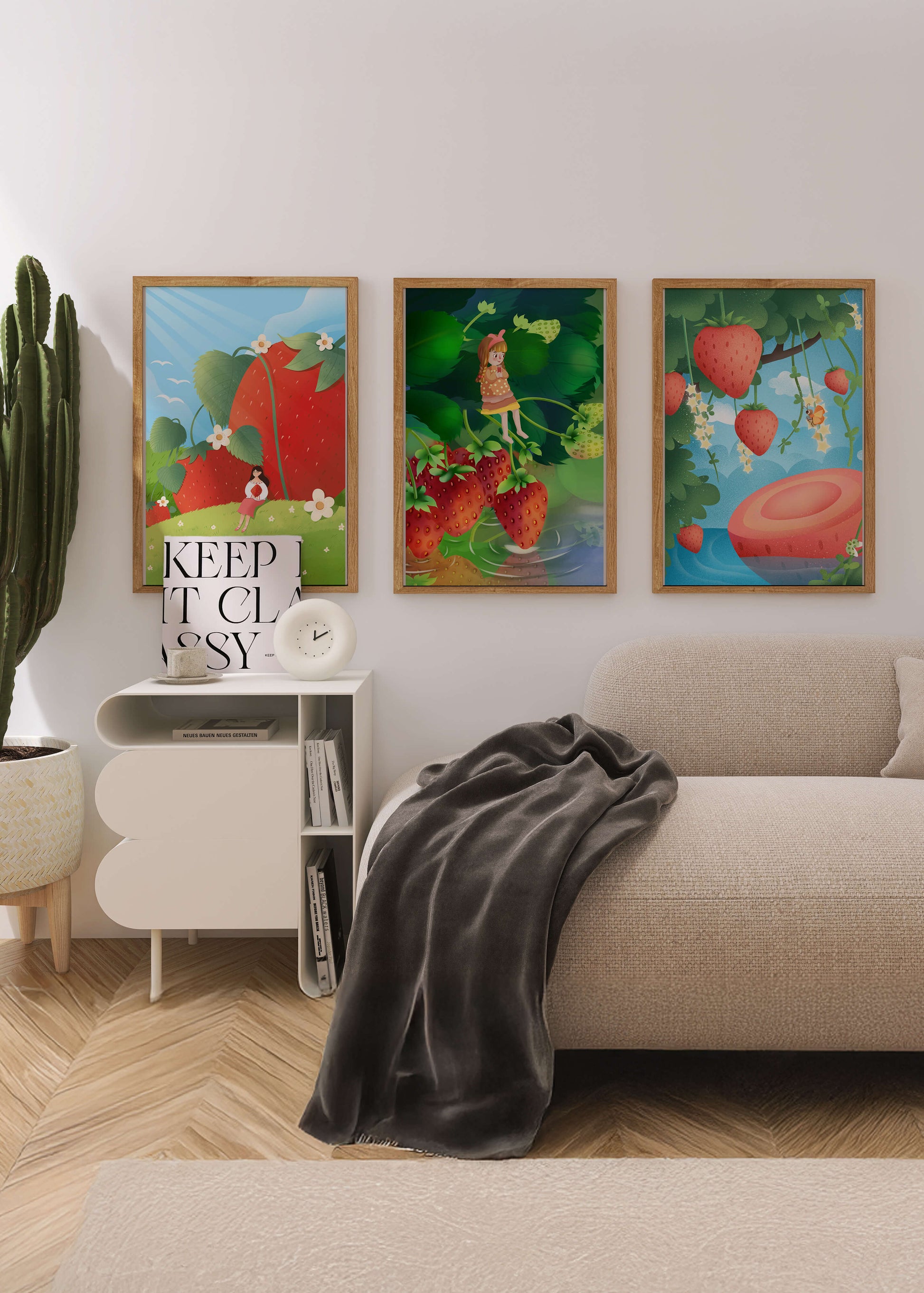 Ensemble d’illustrations de fraise avec une fillette dans un environnement naturel
