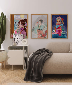 Moderne asiatische Kunst mit Frauen und Natur