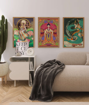 Conjunto de Tres Obras de Arte Oriental en Bloques de Madera