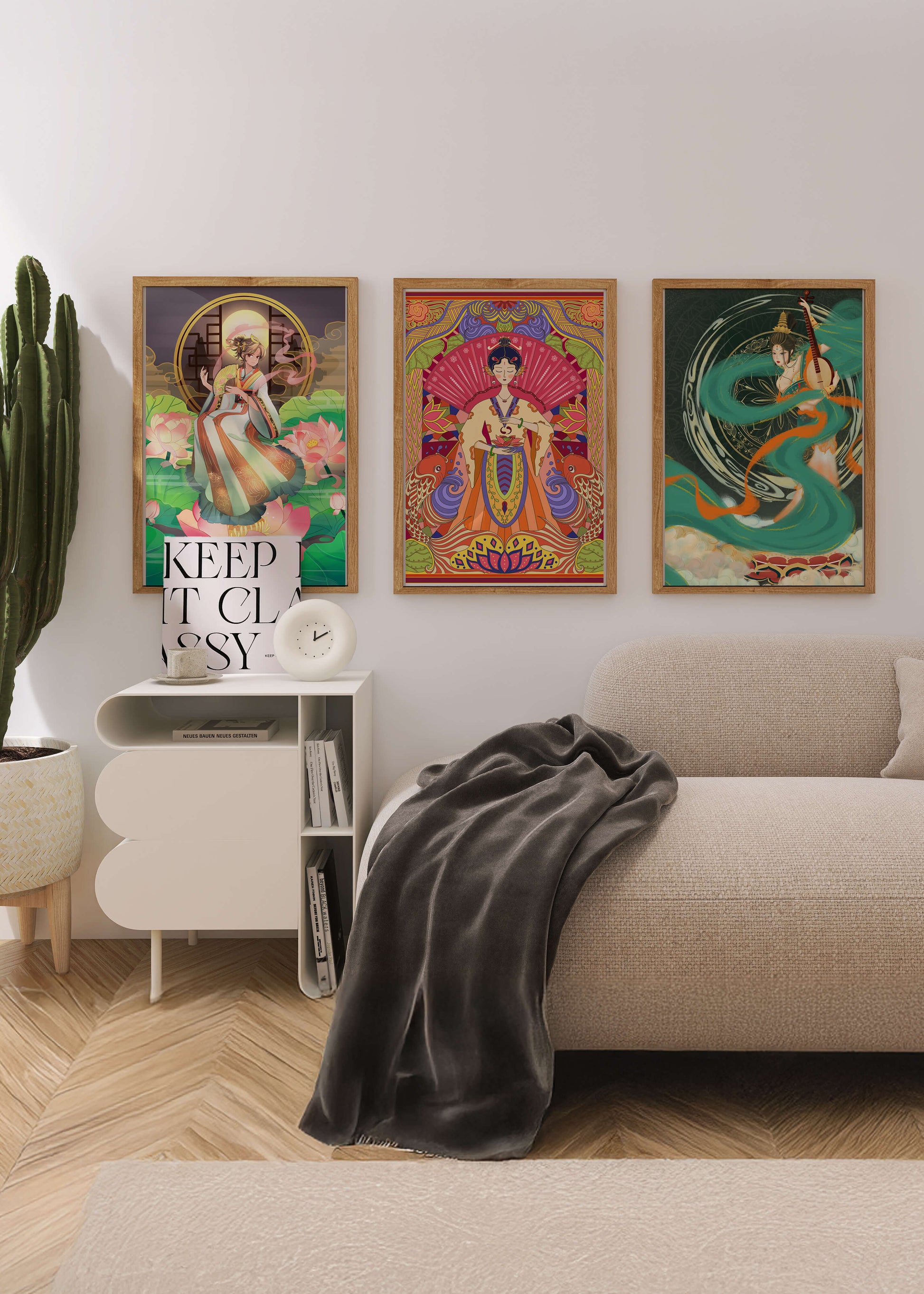 Conjunto de Tres Obras de Arte Oriental en Bloques de Madera