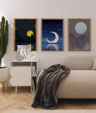 Paysages nocturnes avec lune et étoiles dans des cadres