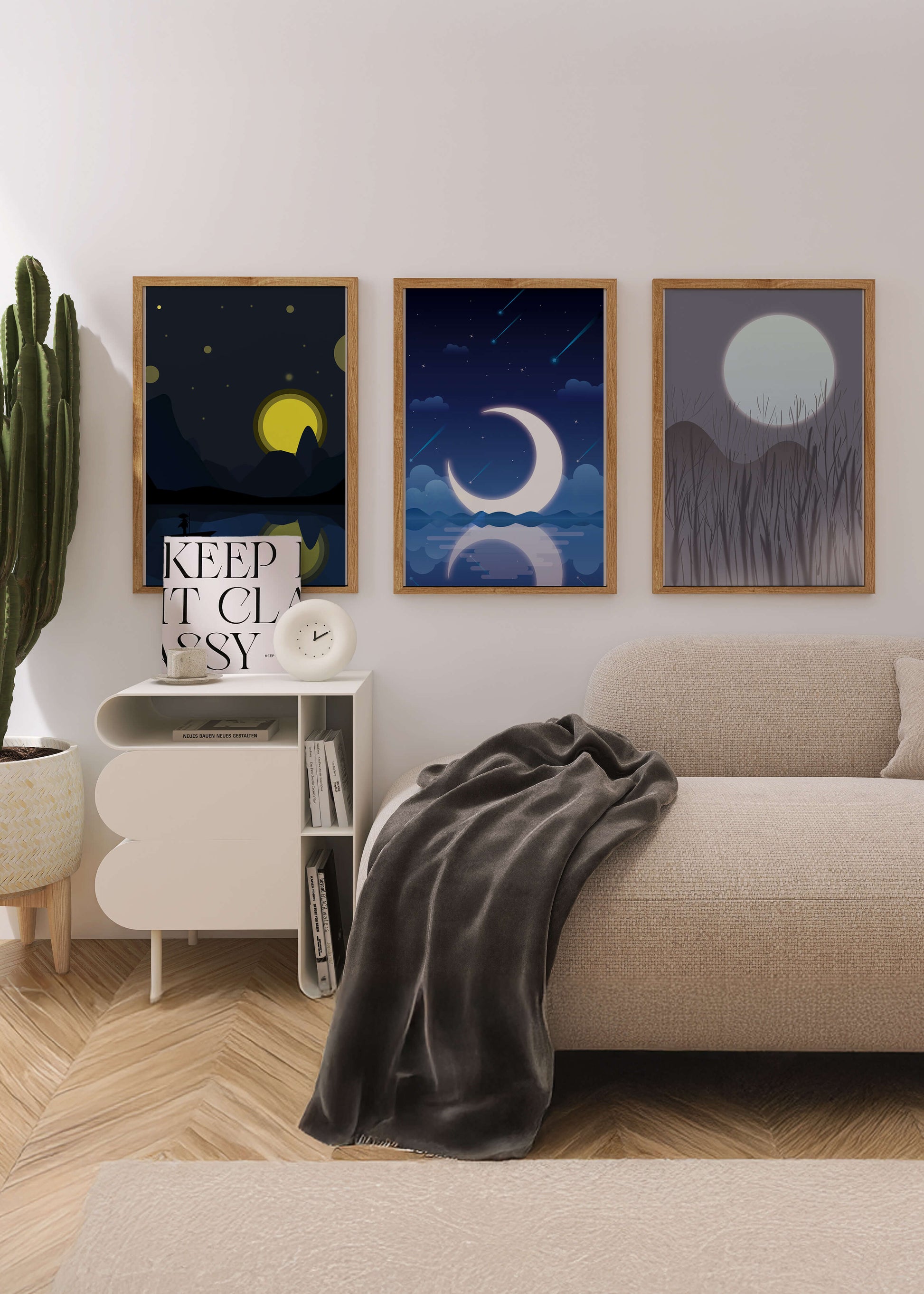 Paysages nocturnes avec lune et étoiles dans des cadres