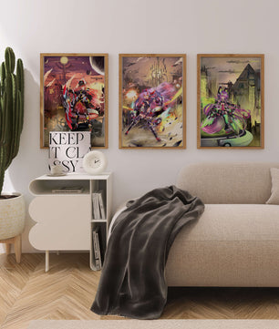 Trio d’illustrations futuristes dans des cadres de couleur claire