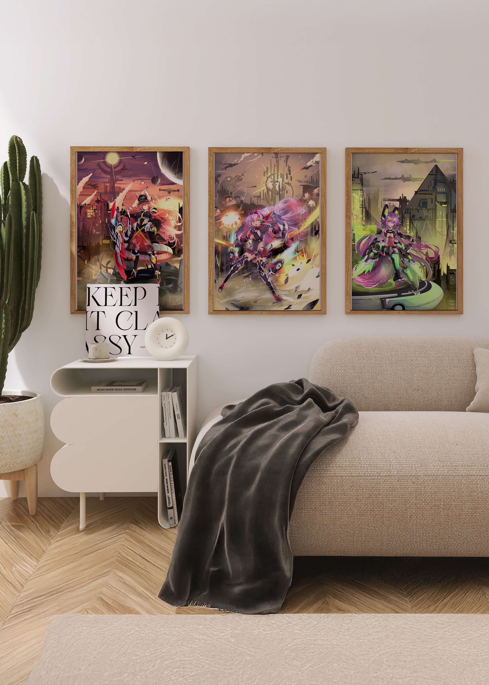 Trio d’illustrations futuristes dans des cadres de couleur claire