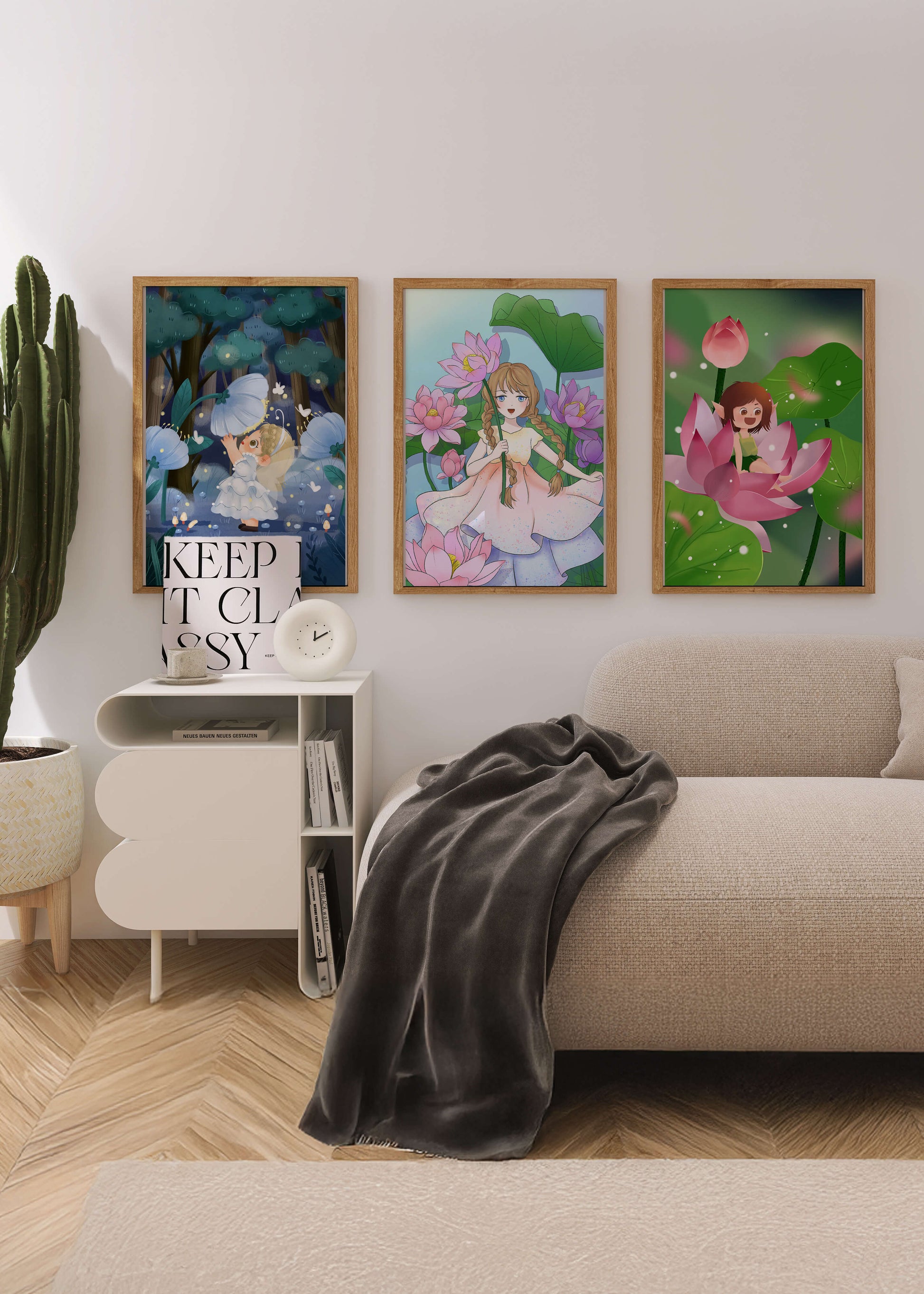 Triptyque enfantin d'art fantastique avec des filles parmi les fleurs