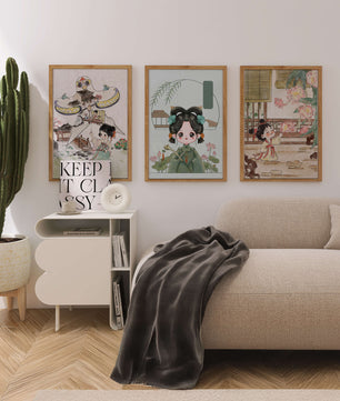 Illustrations de style oriental avec des personnages enfantins