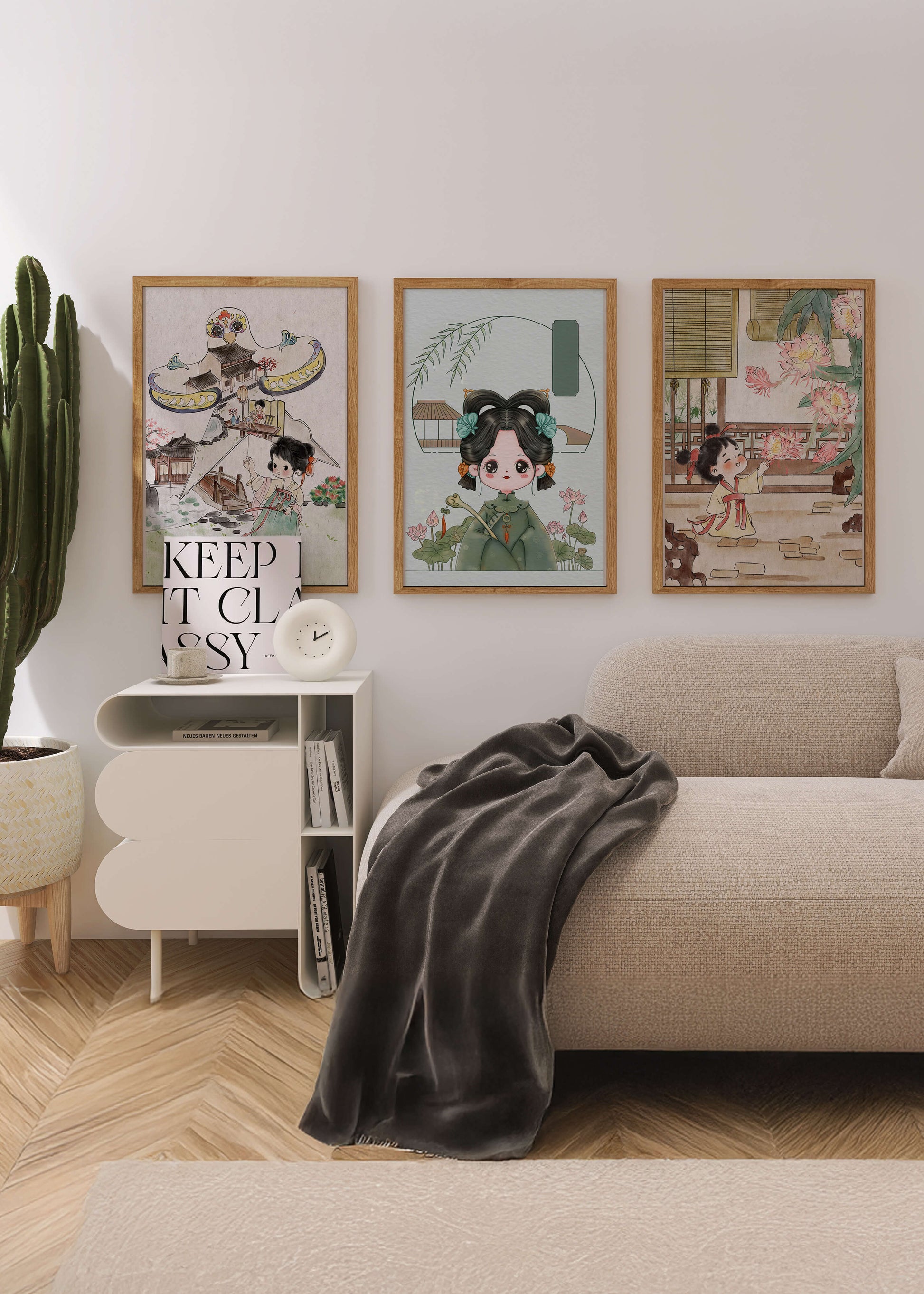 Illustrations de style oriental avec des personnages enfantins