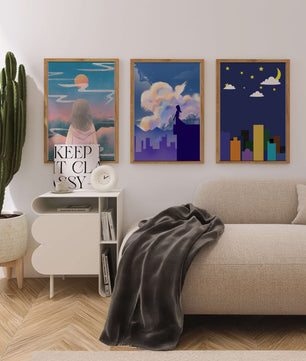 Ensemble de trois tableaux modernes avec des paysages imaginaires